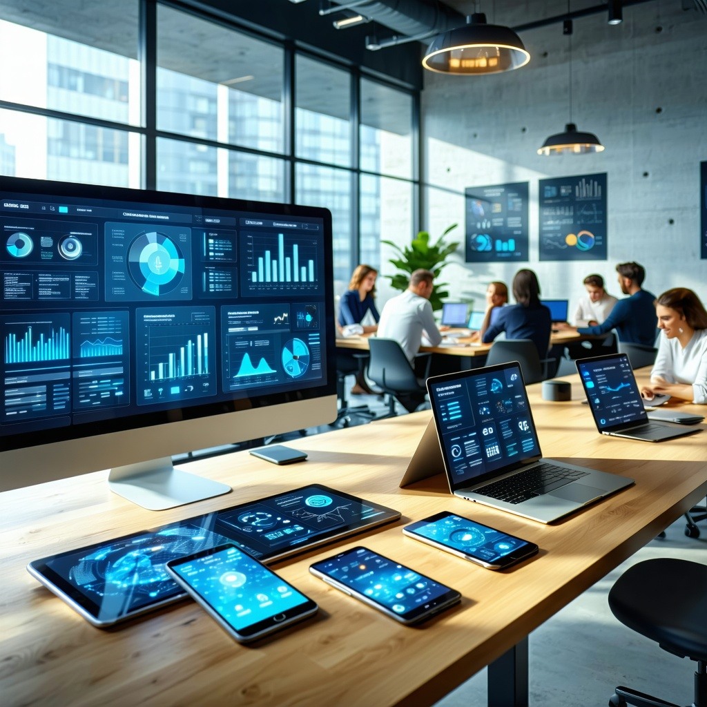 Équipe IT gérant des appareils mobiles avec un tableau de bord MDM