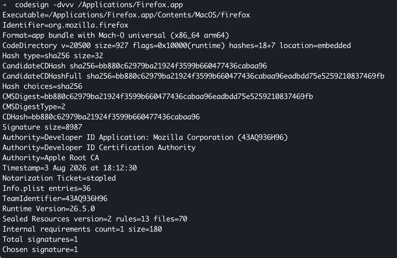 Karte Blocked applications in Appaloosa mit einer Zeile, identifiziert über Signing ID, Team ID und CDHash