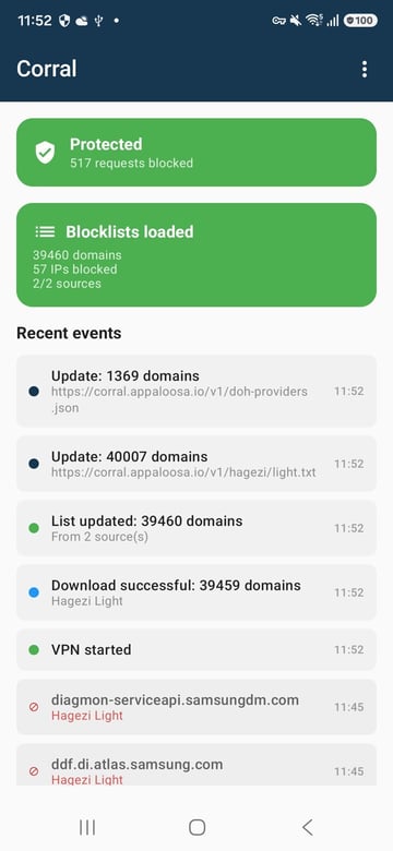 Hauptbildschirm der Corral-App auf Android: geschützt, 517 blockierte Anfragen, geladene Sperrlisten, letzte Ereignisse