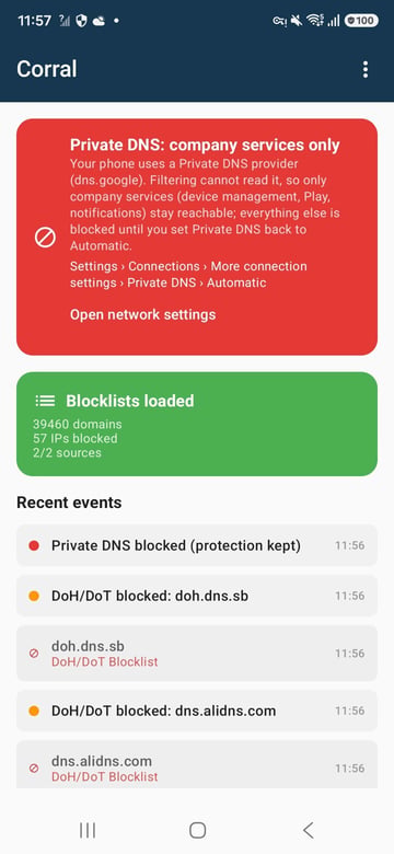 Corral-Warnung auf Android: privates DNS aktiv, nur Unternehmensdienste bleiben erreichbar