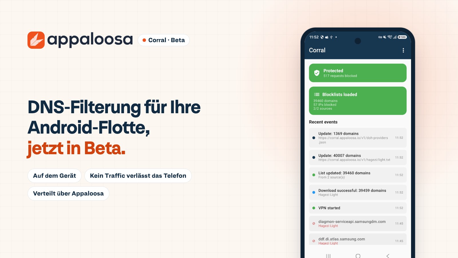 Corral, DNS-Filterung für Ihre Android-Flotte, jetzt in Beta: der Hauptbildschirm der App in einem Android-Telefon