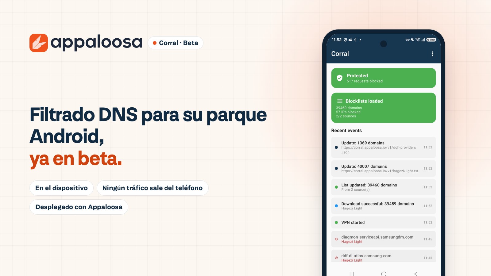 Corral, filtrado DNS para su parque Android, ya en beta: la pantalla principal de la app en un teléfono Android