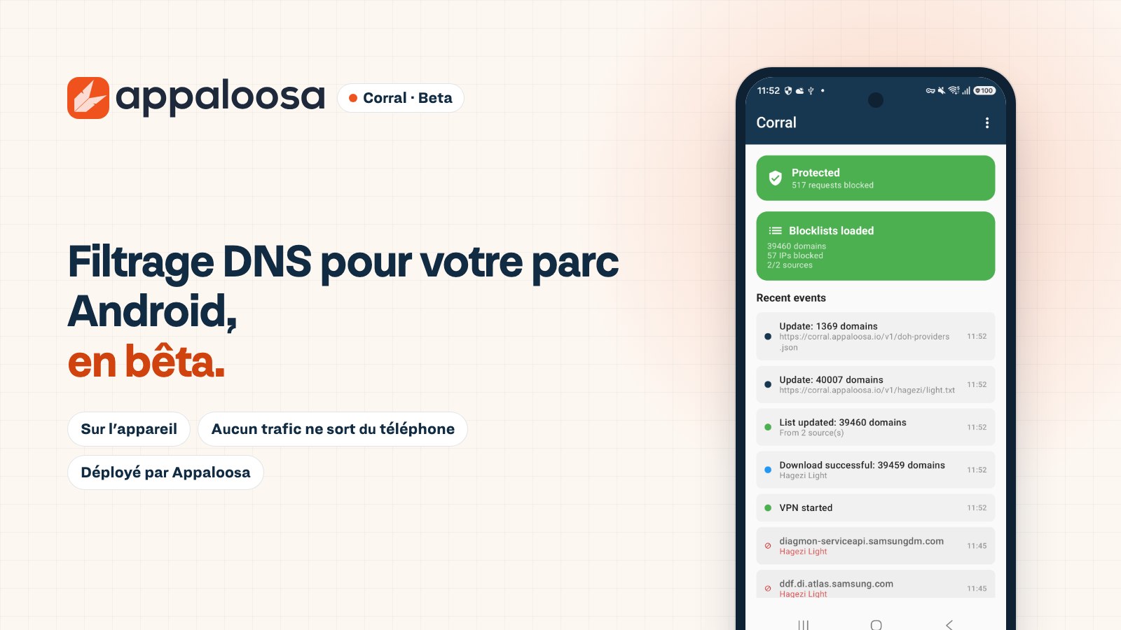 Corral, filtrage DNS pour votre parc Android, en bêta : l'écran principal de l'app dans un téléphone Android