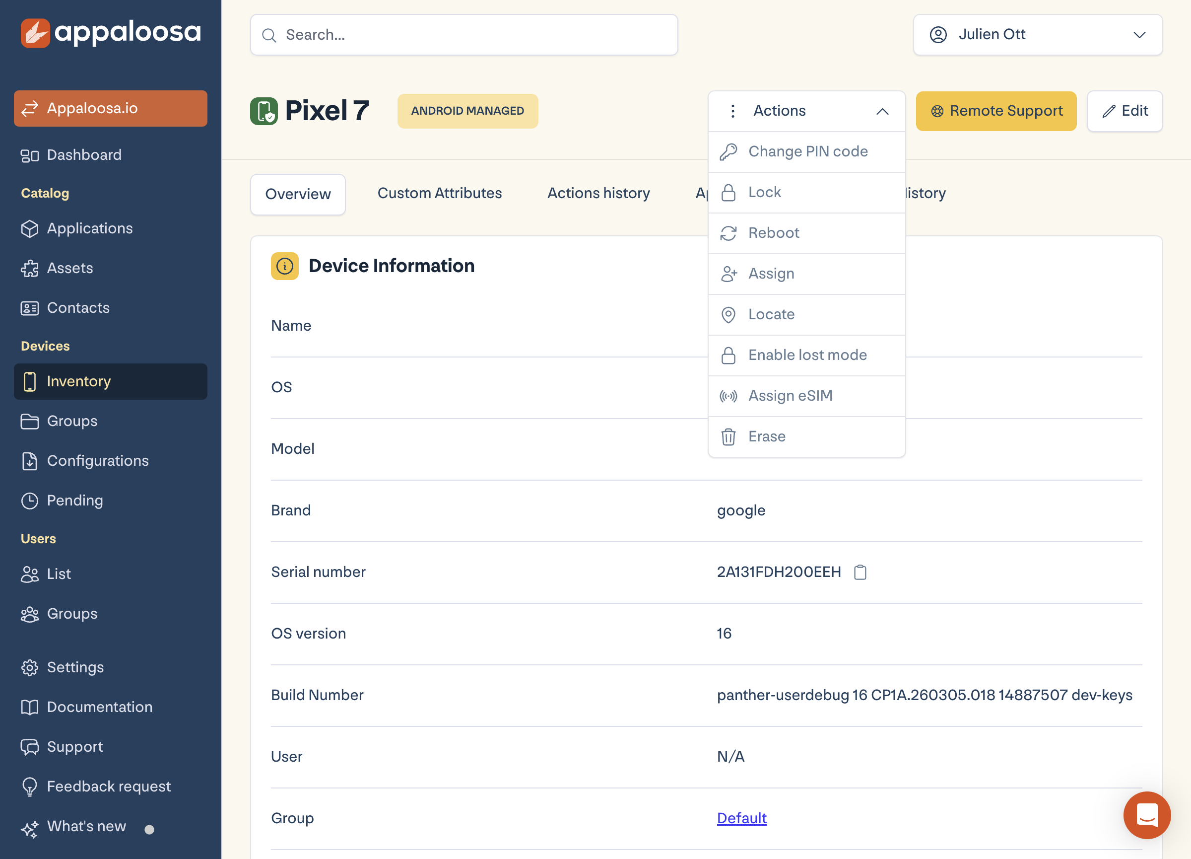 Remote actions menu on a device page in Appaloosa: lock, locate, enable lost mode, erase