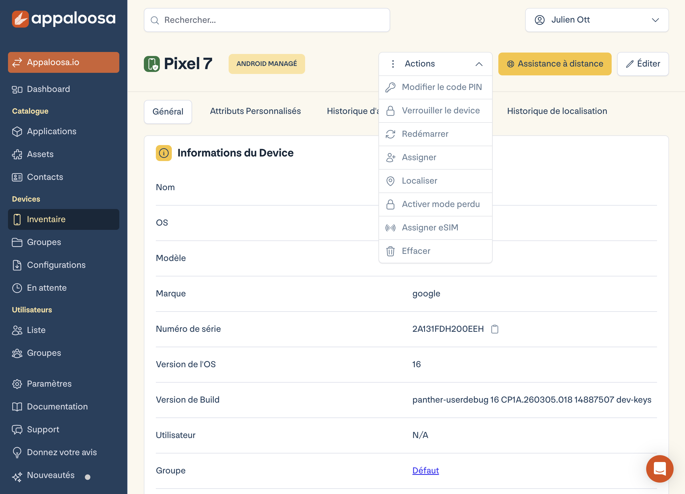 Menu Actions à distance sur la fiche d'un appareil dans Appaloosa : verrouiller, localiser, activer le mode perdu, effacer