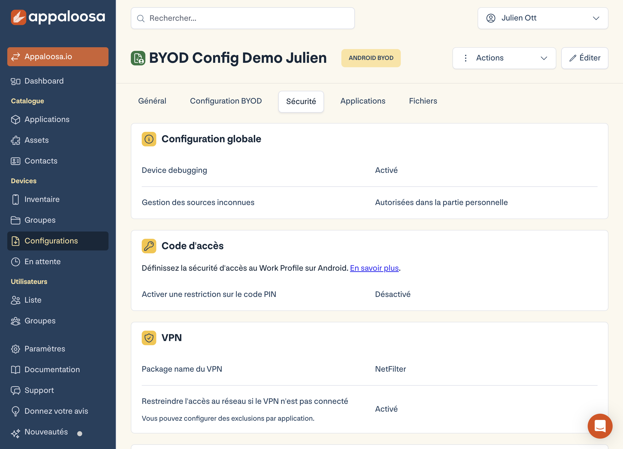 Réglage Gestion des sources inconnues dans la configuration de sécurité Appaloosa