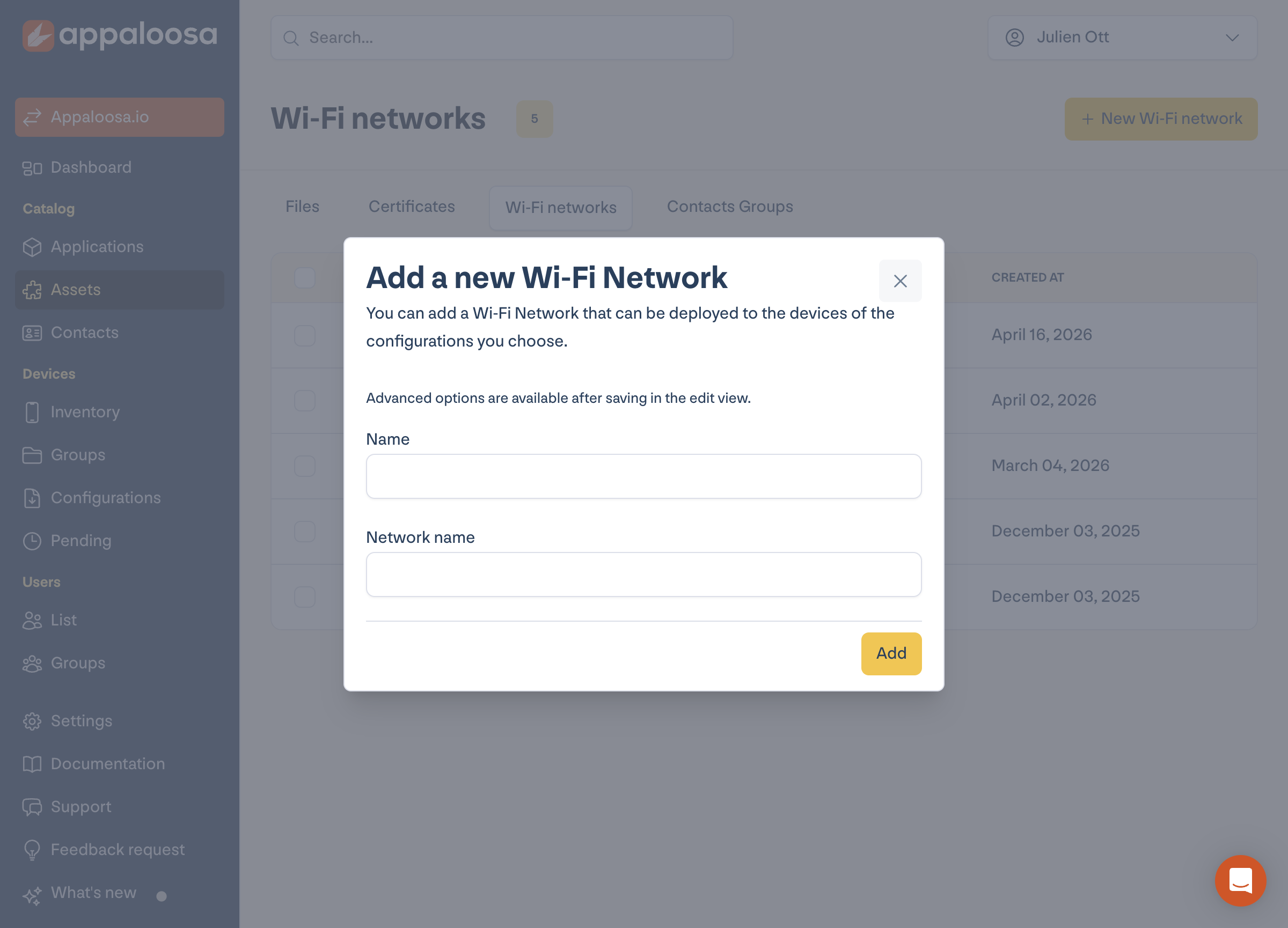 Creating a Wi-Fi network in Appaloosa (name and SSID) to deploy across configurations