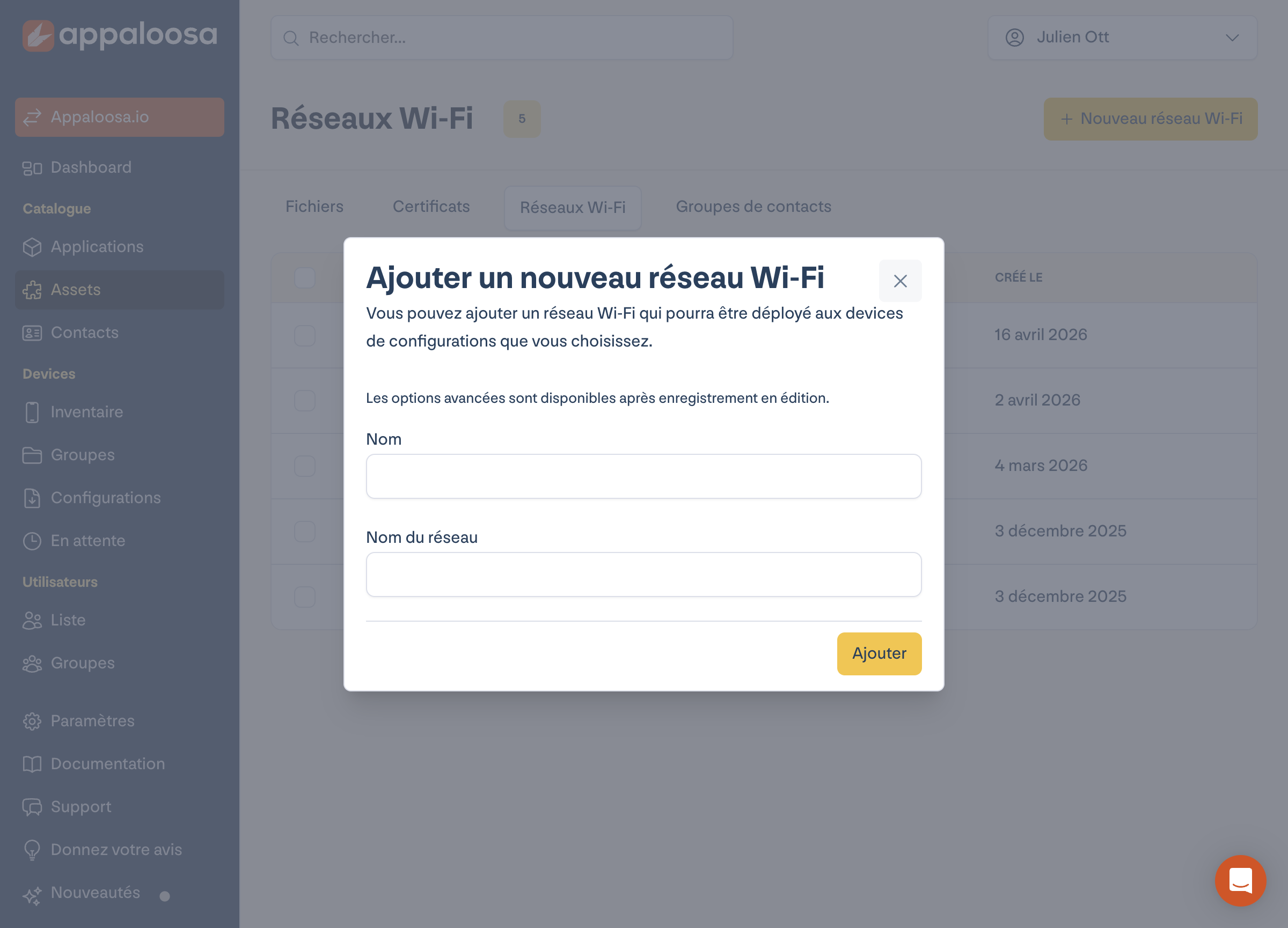 Création d'un réseau Wi-Fi dans Appaloosa (nom et SSID), à déployer sur les configurations