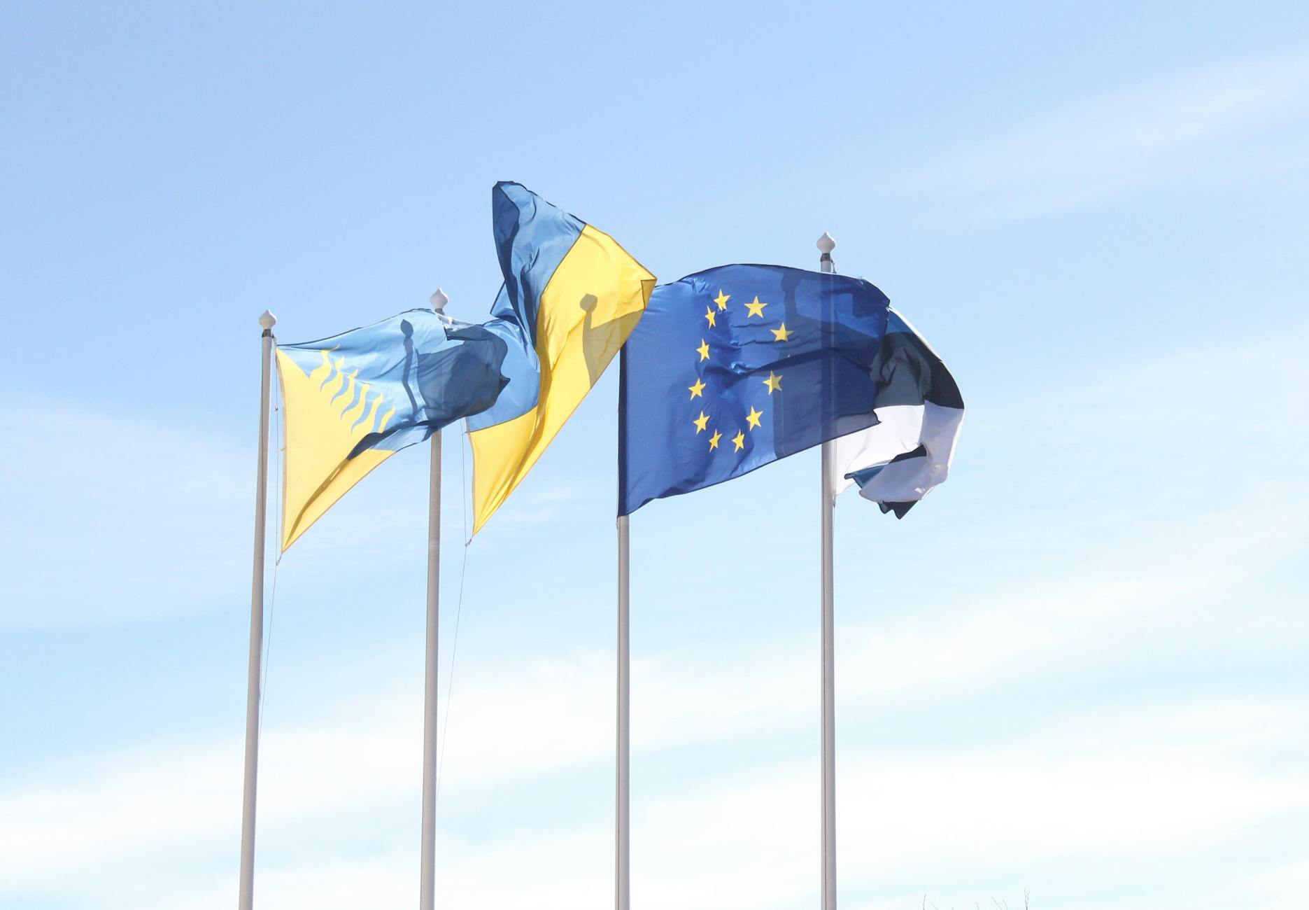 European Union and Estonian flags wave under a clear blue sky, symbolizing unity and… - Photo par Paolo Rossa sur Pexels