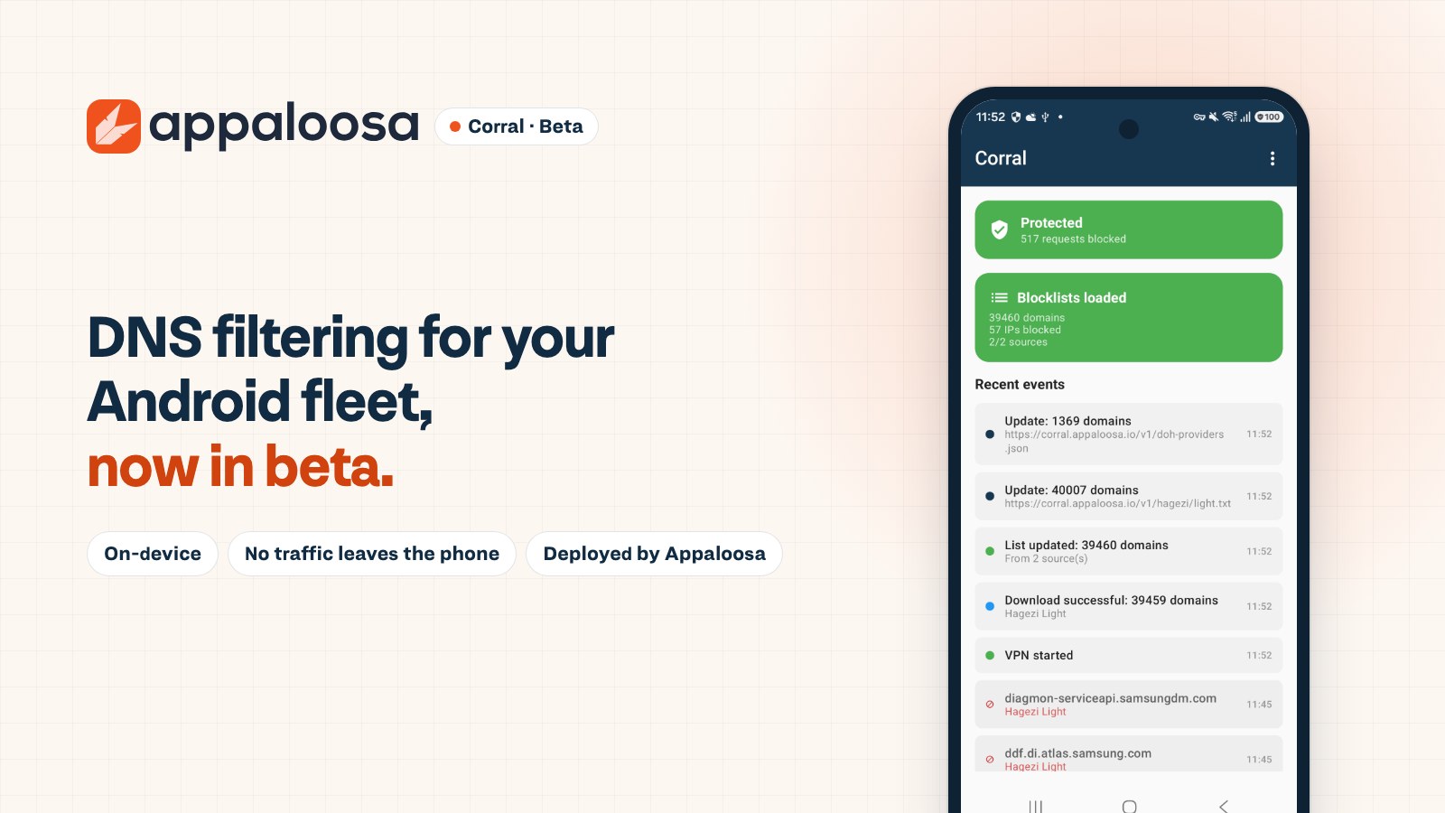Corral, DNS filtering for your Android fleet, now in beta: the app main screen in an Android phone