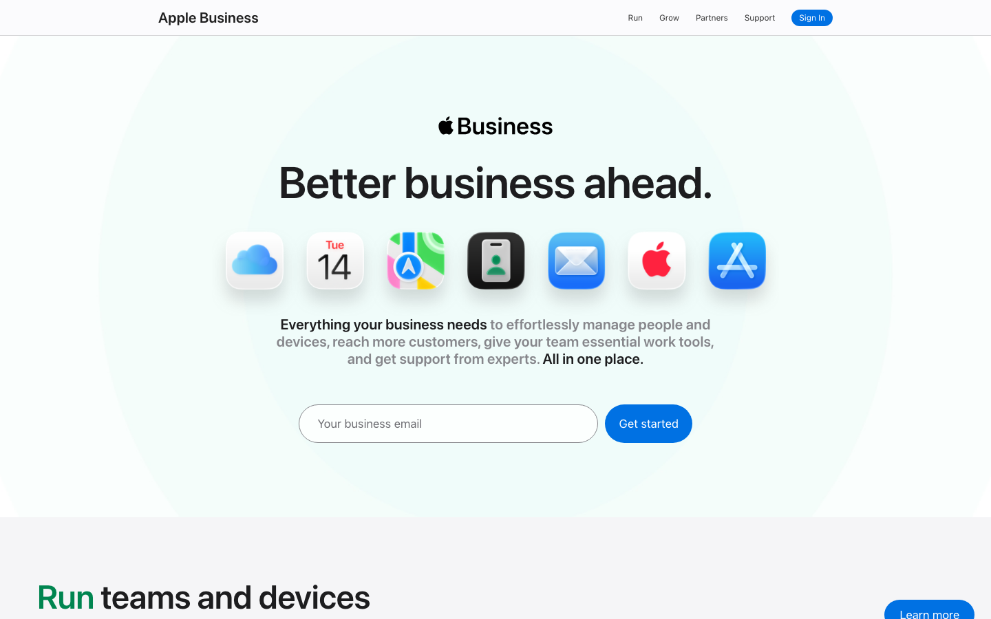 Page d'accueil Apple Business Platform montrant les fonctionnalités de gestion d'appareils (Capture d'écran de business.apple.com)